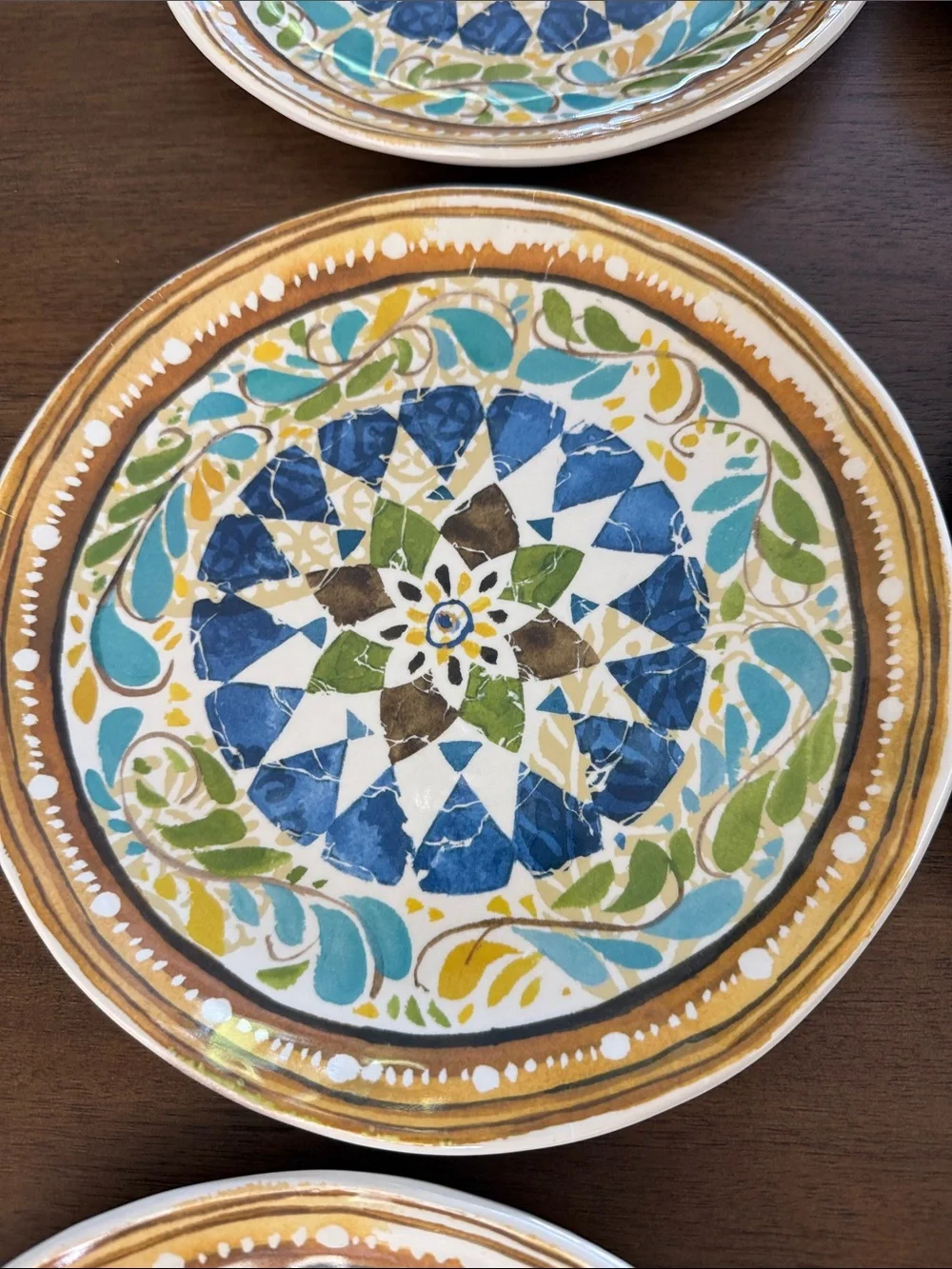 Pottery Barn Melamine Dessert/Salad  Plates in Blue, Green & Gold Set of 6
